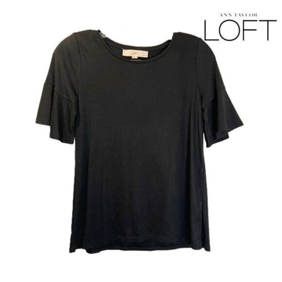 LOFT Women's Flutter Sleeve Top Flounce Crew Tee In Black‎ - Picture 1 of 5